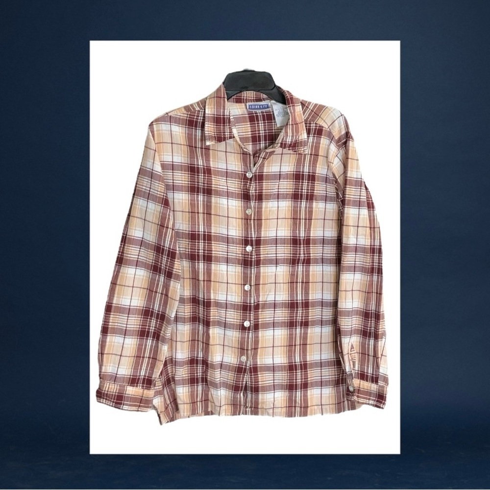 Erika & Co. Burgundy White Peachy Beige Textured Plaid Button Shirt Women Large